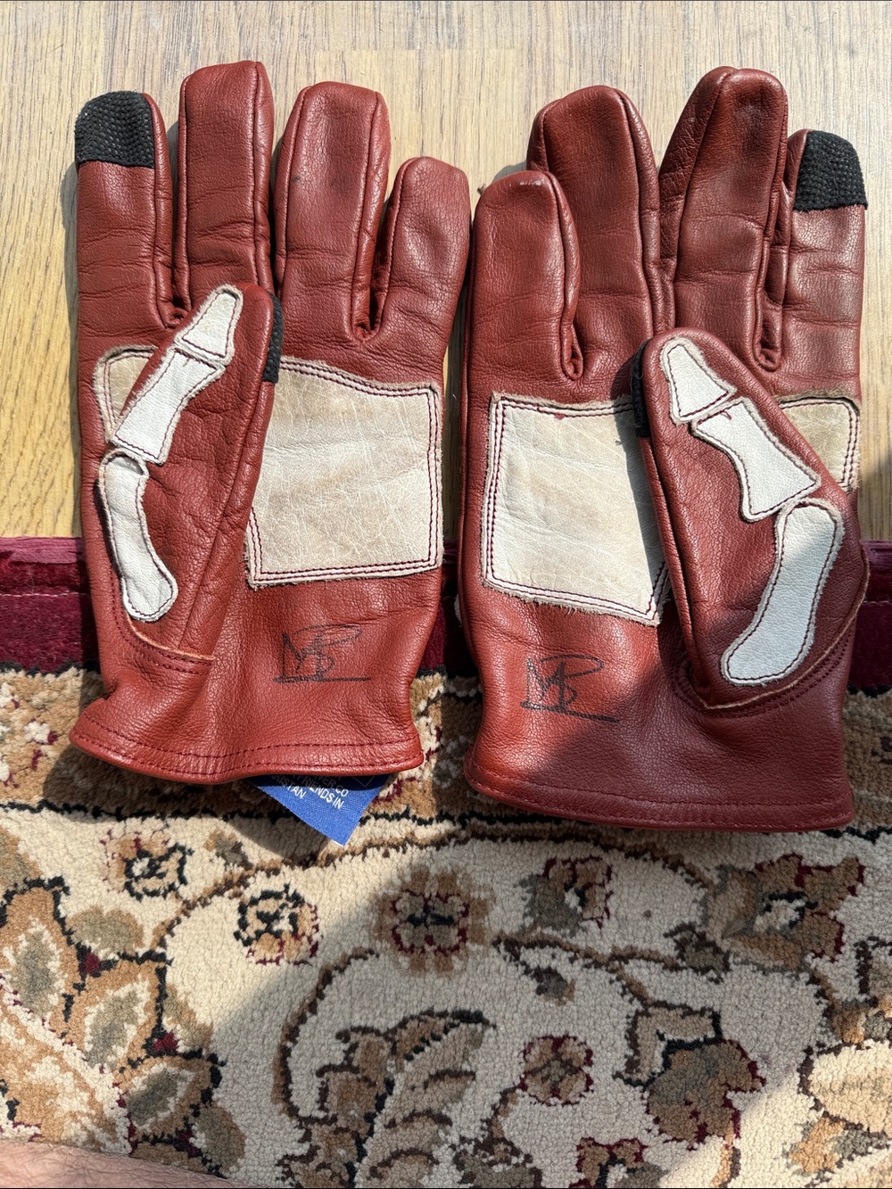 Men's Red Leather Gloves with White Skeleton Stitch Detail - Picture 4 of 9